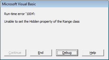 error '1004': Unable to set the Hidden property of the Range class