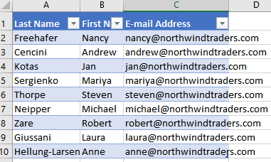 excel table