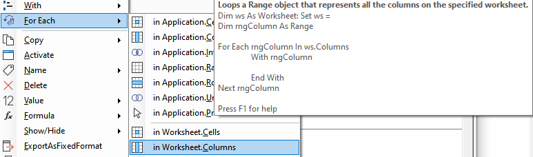 range columns for each menu