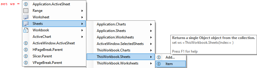 set worksheet thisworkbook item menu