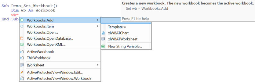 set workbook vba from menu