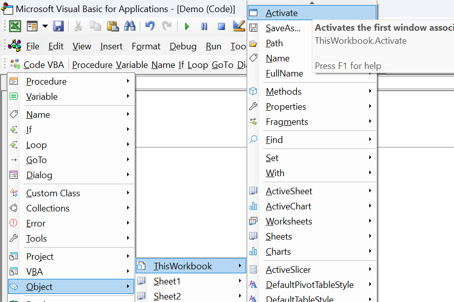 Activate workbook VBA code