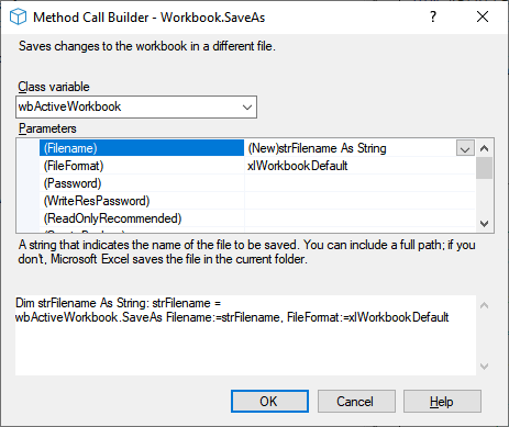 workbook saveas code builder