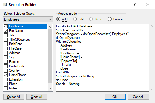 Construtor de conjunto de registros do MS Access