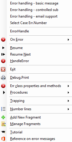 menu showing support for error handling
