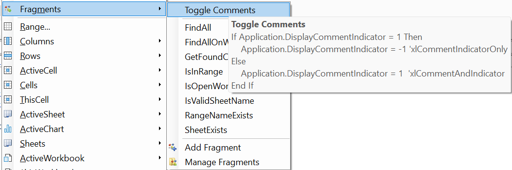 excel application fragments example toggle comments