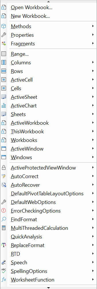 excel application menu from the toolbar