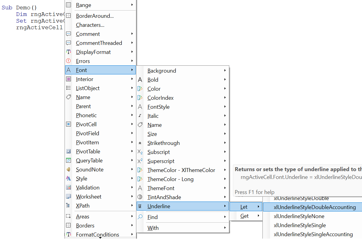 set underline style for the font of a certain range