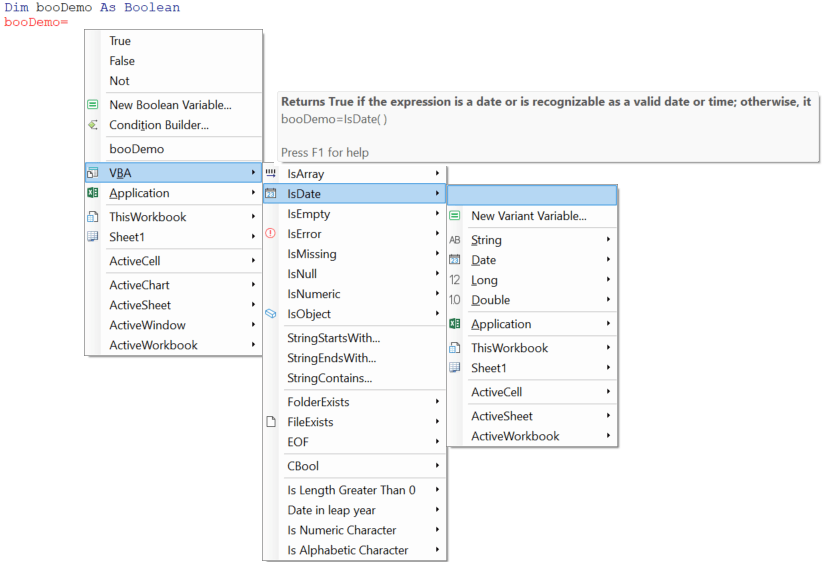 intellisense menu with boolean functions