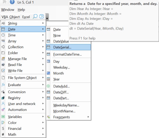 menu with date functions