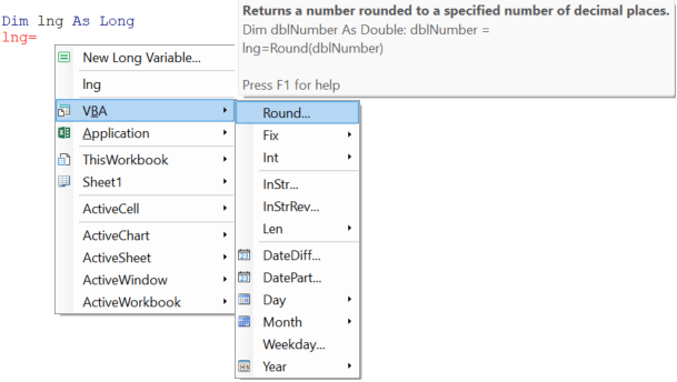 intellisense menu with whole number functions