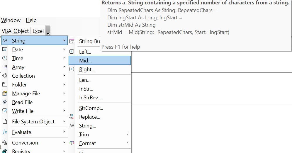 menu with vba string functions