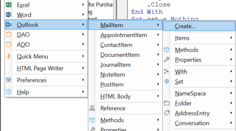 menu Create Outlook MailItem