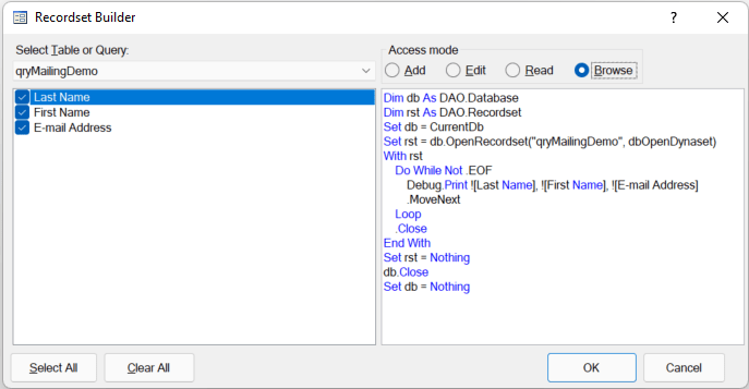 Recordset Builder Browse qryMailingDemo