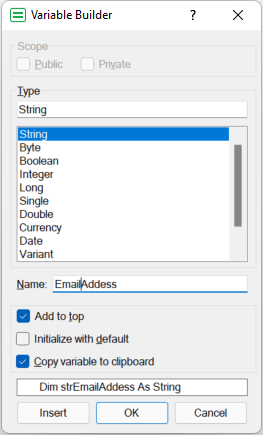 Create Variable using Builder String EmailAddress