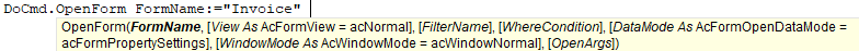 Open Form parameter info also shows defaults