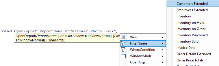 Open Report set filtername parameter