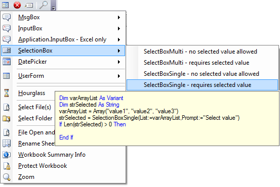 insert SelectionBox dialog using Code VBA