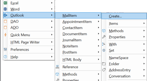 menu Create Outlook MailItem