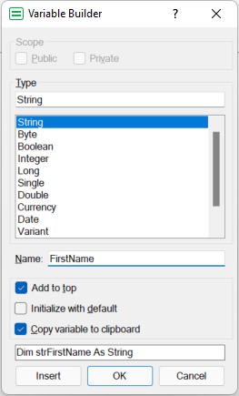 Create Variable using Builder String FirstName