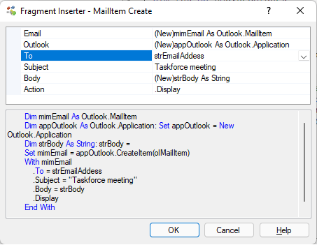 dialog to specify the use of the MailItem object
