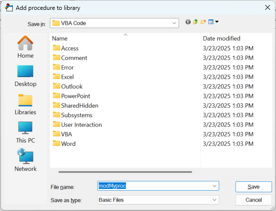 Chosing a location to add procedure to library