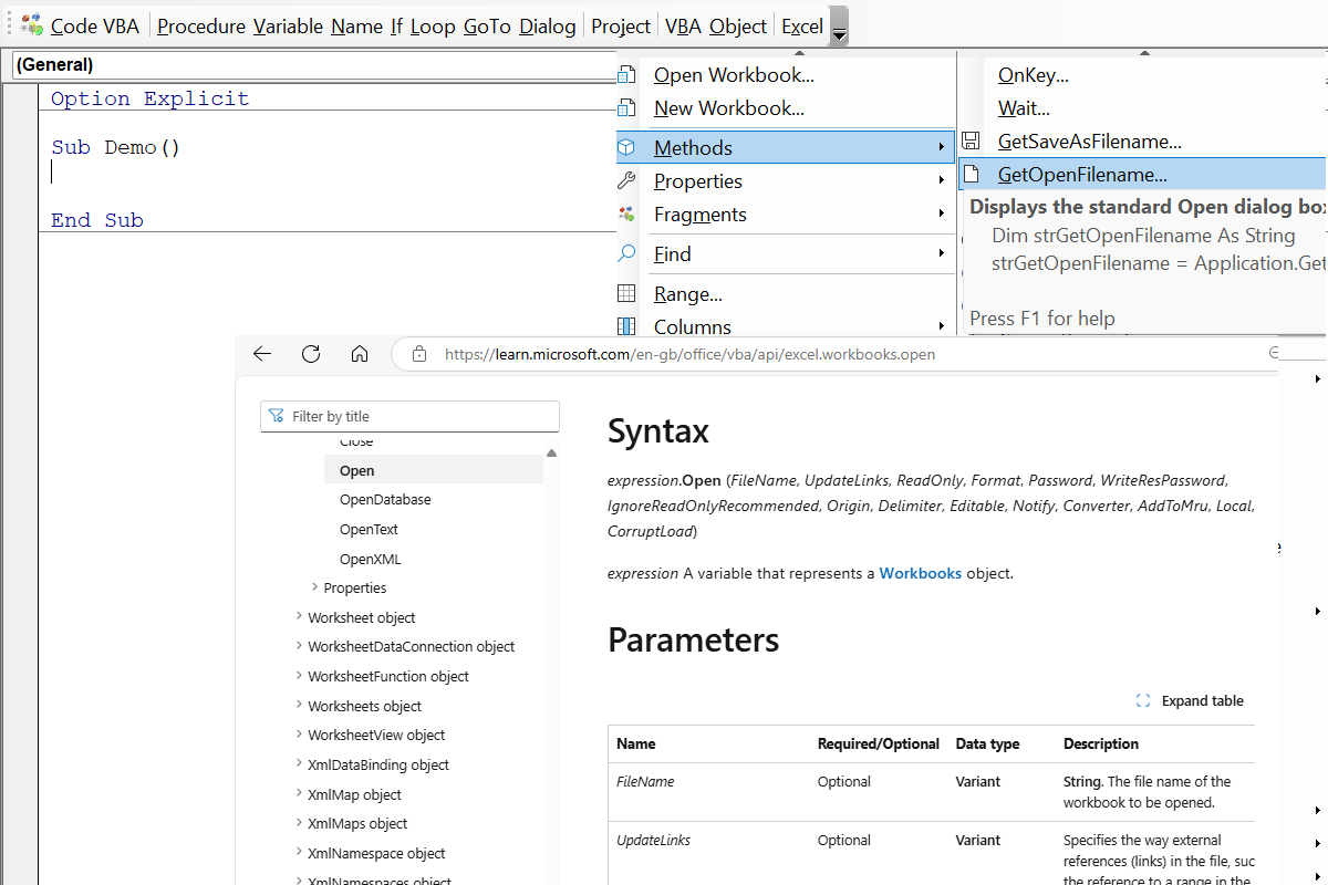 Example tooltip for Excel open Workbook methos