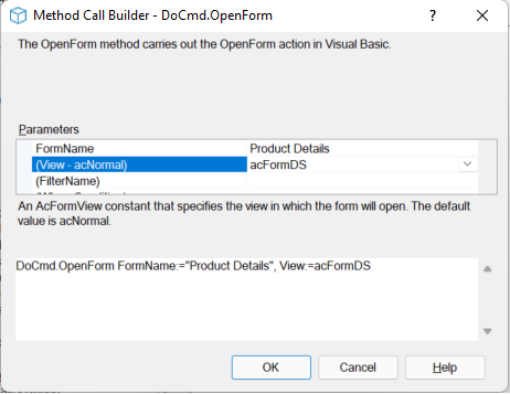 ms access form open insert code