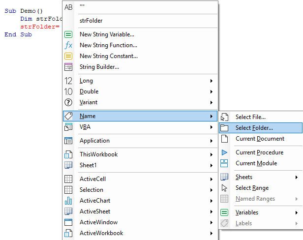 intellisense string assignment get name from folder
