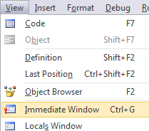 menu view Immediate window
